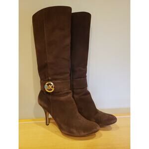 Michael Kors Brown Suede Leather Tall Boots High Heel Gold Emblem 6.5